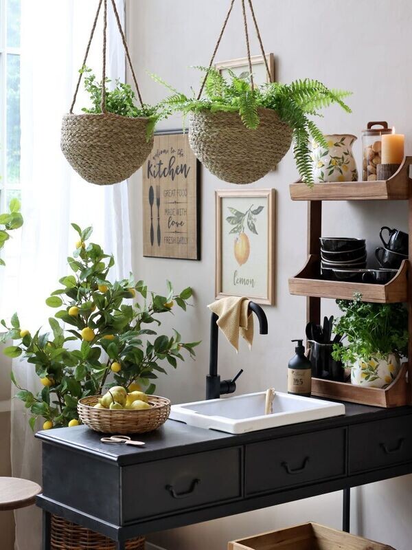 Set of Two Wicker hancing Basket - hanging against a room scene