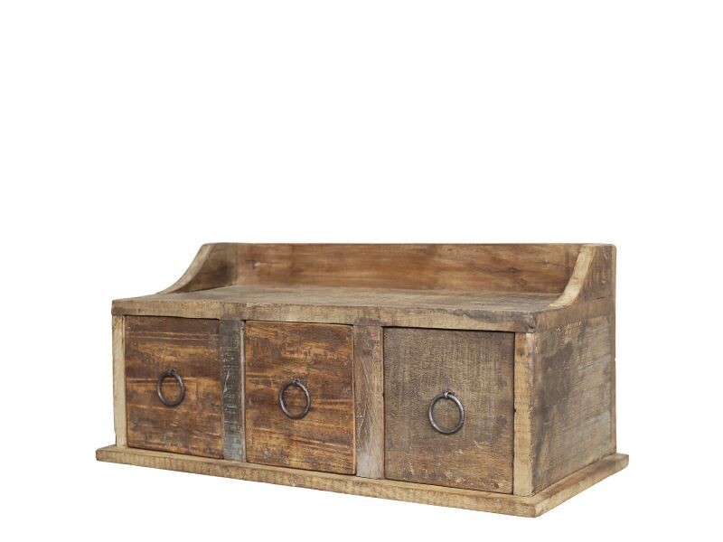 A lovely rustic wall shelf with three useful drawers made from repurposed woods.
