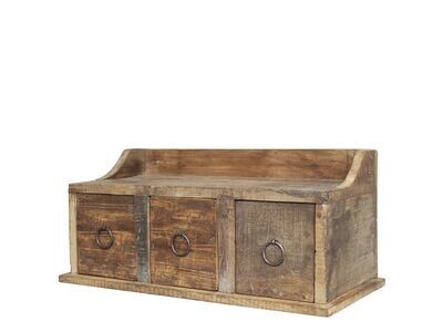 A lovely rustic wall shelf with three useful drawers made from repurposed woods.