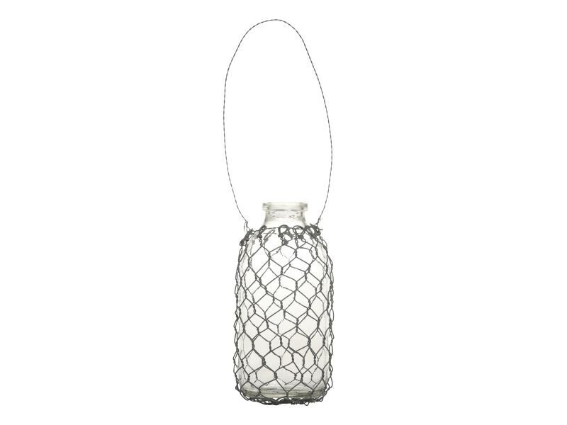Glass oblong bottle wrapped in a zinc finish netting and a long loop handle.