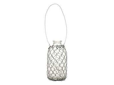 Glass oblong bottle wrapped in a zinc finish netting and a long loop handle.