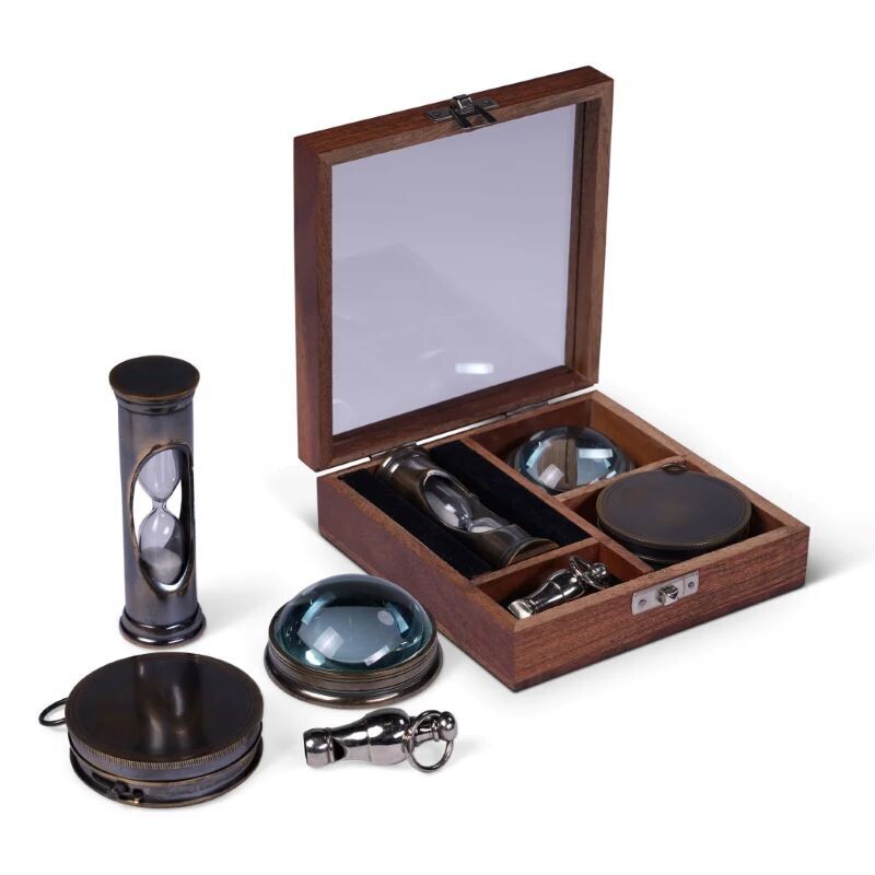 A wonderful box of useful instruments presented in a gorgeous wooden box.
