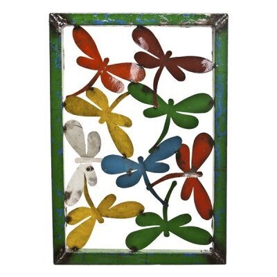 Recycled Colourful Metal Wall Art - Dragonflies in a rectangle Frame