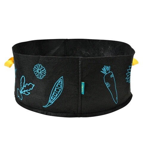 Burgon & Ball Outdoor Planter - Large Black Fabric Trug Planter, light blue flower pattern and bright yellow handles.
Short in design.