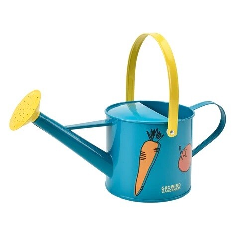 Burgon & Ball Children's Watering Can Child's watering can. Yellow handle, yellow rose, light blue finish with carrots and other vegetables painted on side.