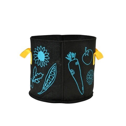 Fabric trug planter. Black finish - light blue flowers pattern and bright yellow handles.