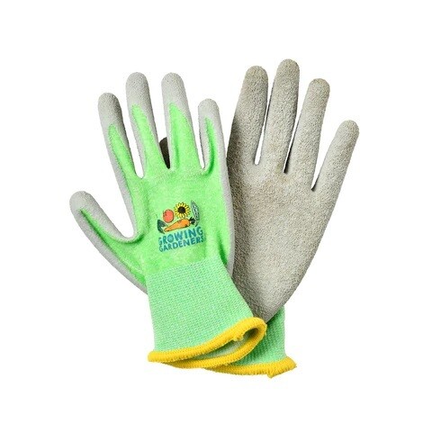 Burgon & Ball Children's Gardening Gloves Children's Gardening Gloves. Light Green and grey trimmed in yellow. Growing Gardeners logo on back of hand. Sunflower and veg image.