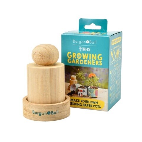 Burgon & Ball Make Your Own Seedling Paper Pots Wooden child's garden pot maker.
Wooden base and wooden pot mould with circular knob handle., Blue packaging box