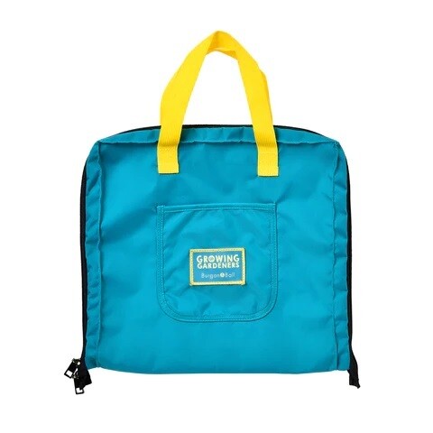 Light Blue Square Fabric Bag with Yellow handle and Growing gardener's logo.