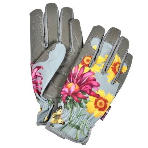 Asteraceae Design.  Light Duck Egg Blue with three yellow flowers and one purple flower design.
Gardening Gloves featuring this design trimmed and palm area in grey.