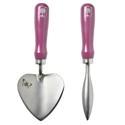 Burgon & Ball Asteraceae Planting Trowel and Dibber Set Purple Handled Set of Two Tools. Dibber and heart shaped trowel