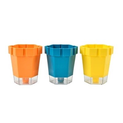 Burgon & Ball Link-A-Pots Plant Pots - Set of 3 Three Brightly Coloured Pots (Orange, Blue and Yellow) with link band at the bottom.