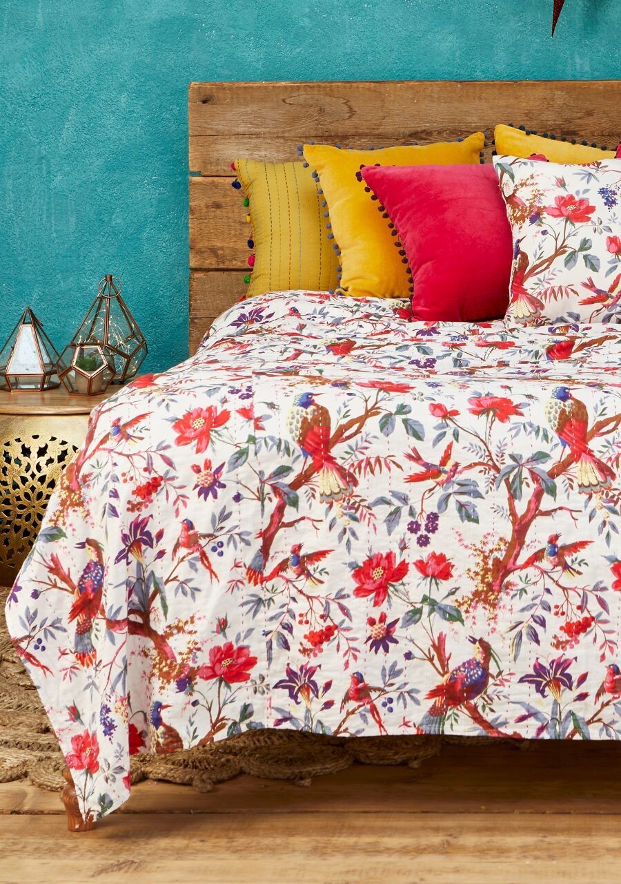 A lovely kantha throw with a Bird Of Paradise printed design.