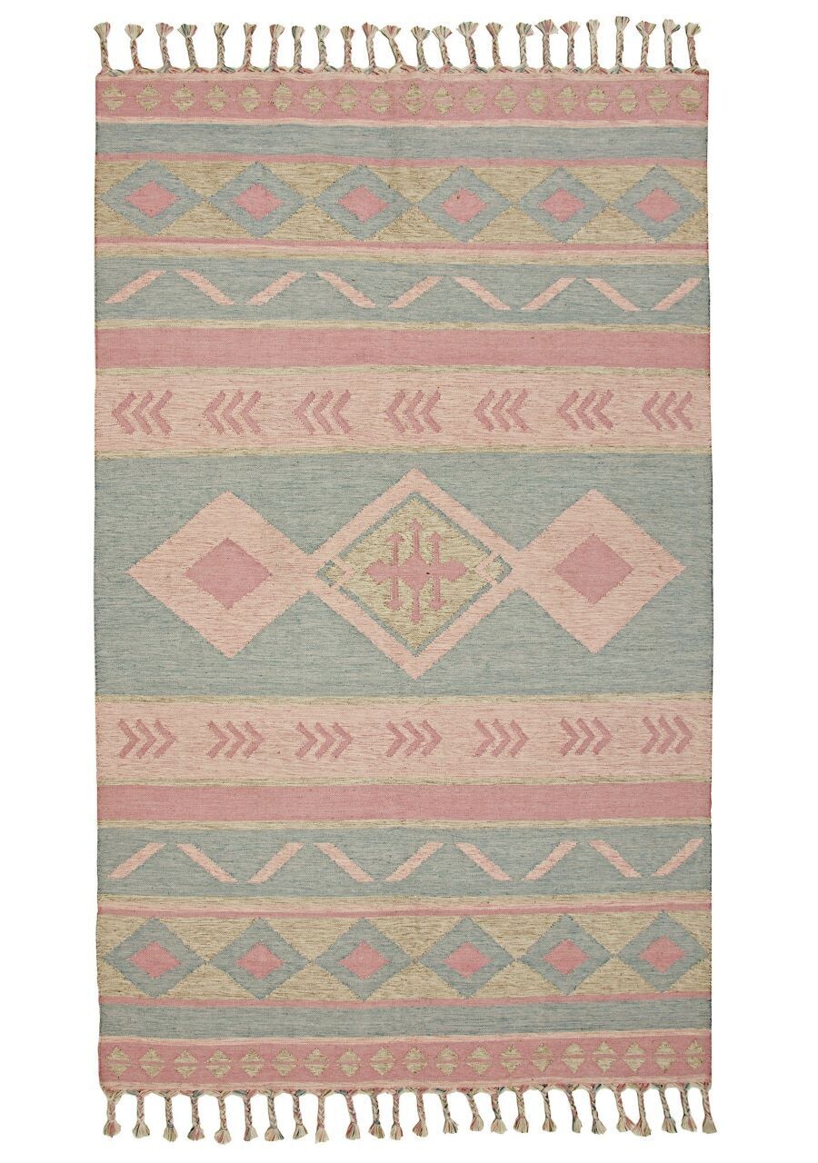 Miramar handloom Recycled Indian Kilim Rug
Pastel colourings blues, greens, cream and pink pattern design