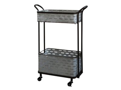 Zinc finish with a horizontal dash line pattern trolley.
The bottom shelf is deeper than the top shelf.

