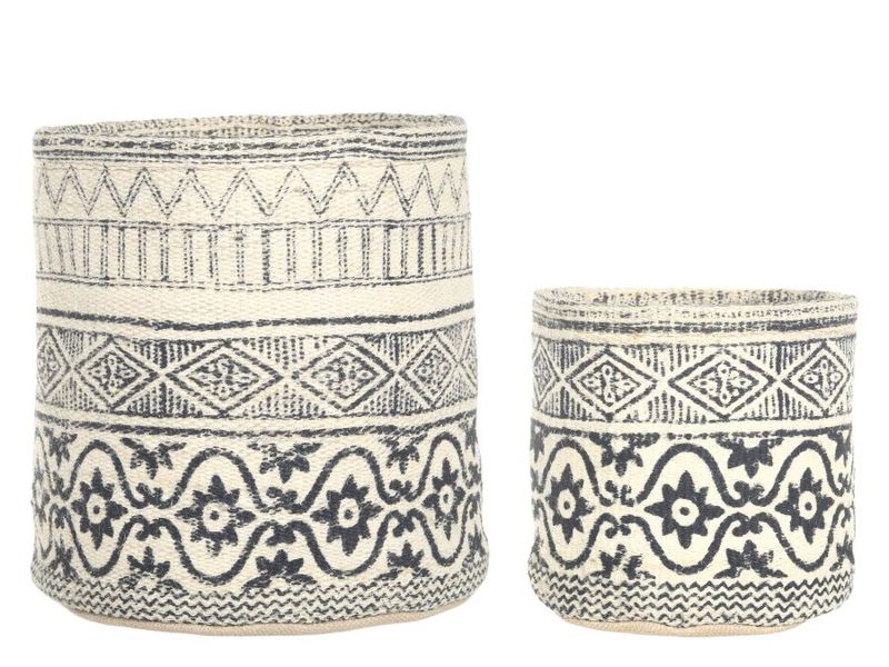 Set of Two Jute Planters.  One large - One small.
The planters have a cream background and a Moroccan styled pattered in black & grey.