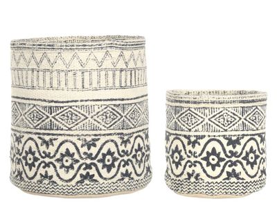 Set of Two Jute Planters.  One large - One small.
The planters have a cream background and a Moroccan styled pattered in black & grey.