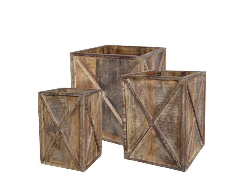 Set of Three Rectangular box planters in three sizes.  Recycled Wood finish and a cross design on each side from corner to corner.