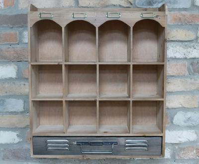 Twelve sorting compartments and a metal lower drawer.