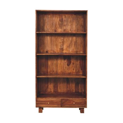 A full sized six feet high bookcase of sheesham wood, and finished in a warm caramel chestnut 