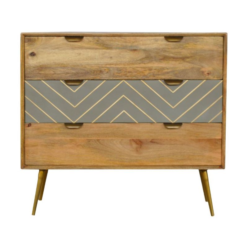 An attractive chest of drawers made from Mango wood, but with an oak finish. The central drawer has an eye catching cement design look 