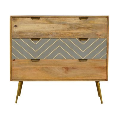 An attractive chest of drawers made from Mango wood, but with an oak finish. The central drawer has an eye catching cement design look 