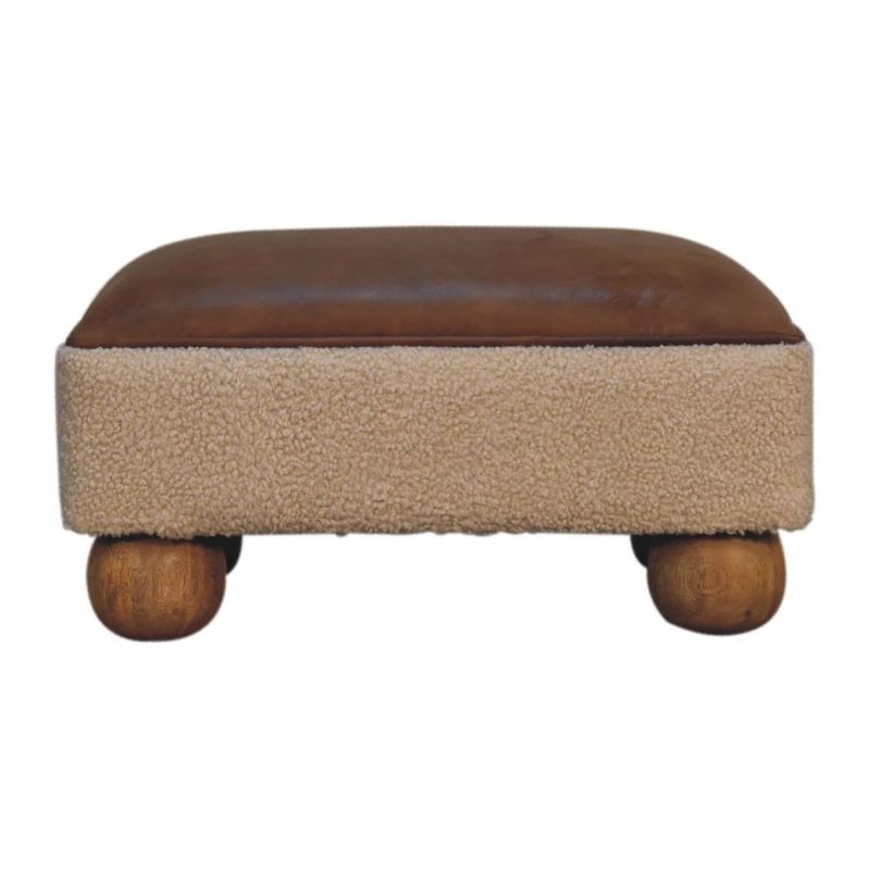 This hand crafted footstool has tan and cream leathers combining perfectly with the oak effect feet, made from solid mango wood.