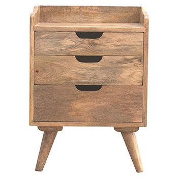 Solid Wood, Hand Carved Oak Finish Bedside Cabinet with Three Drawers and Edged Top