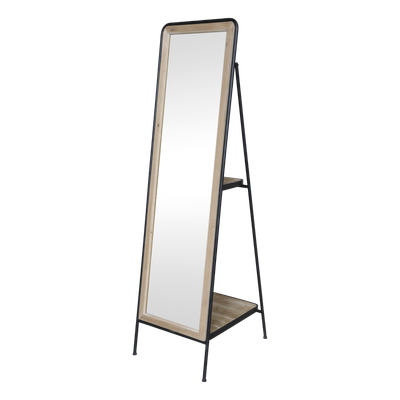 A classic full length standalone mirror with a handy shelf behind it.