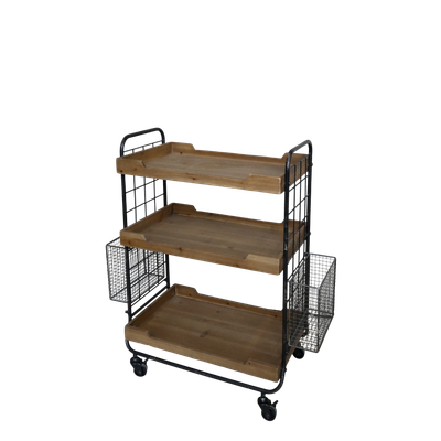 This useful cart has three shelves and two handy baskets and is finished in Antique Black. It has a multitude of uses, particularly for entertainment or cleaning operations. 