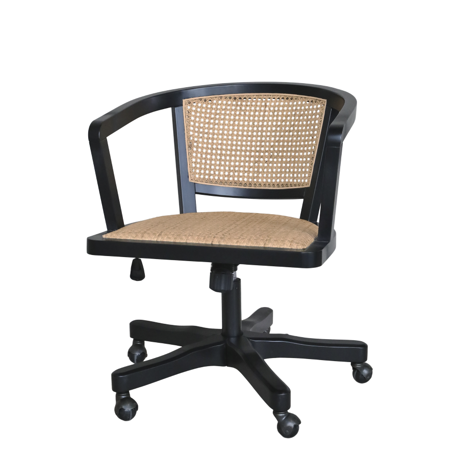 What a lovely swivel chair! Finished in Antique Black, and beautiful wicker seat and backrest, this style fits into any decor.