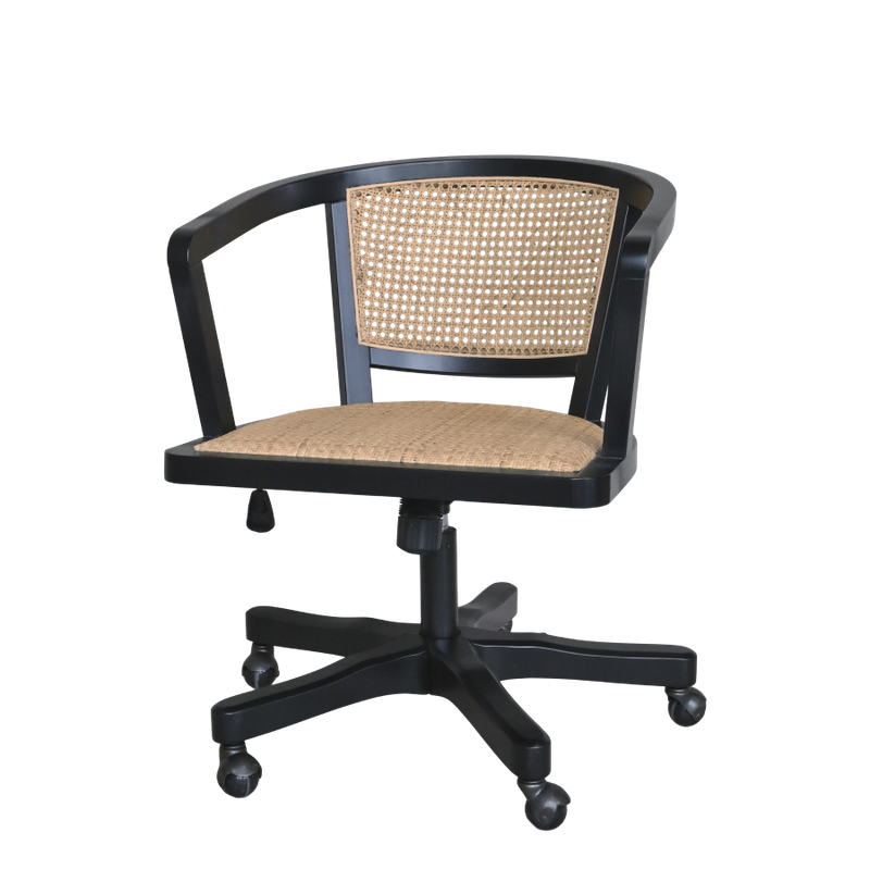 What a lovely swivel chair! Finished in Antique Black, and beautiful wicker seat and backrest, this style fits into any decor.