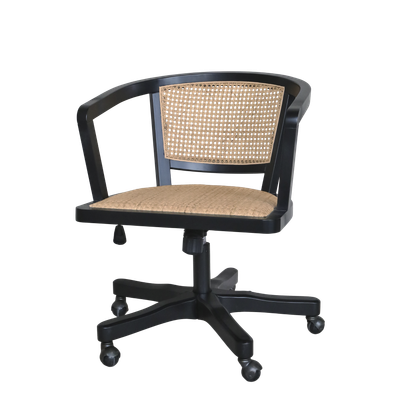 What a lovely swivel chair! Finished in Antique Black, and beautiful wicker seat and backrest, this style fits into any decor.
