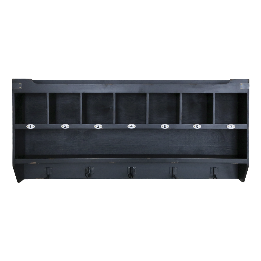 A very useful wall shelf with seven numbered pigeon holes, a shelf and hooks.