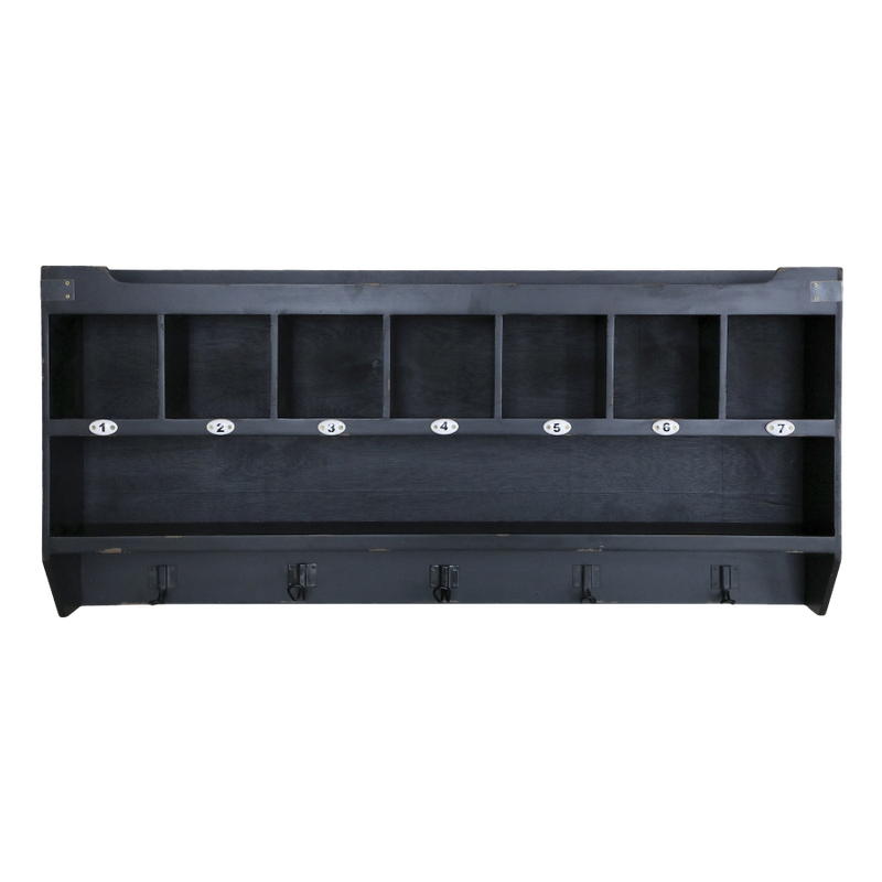 A very useful wall shelf with seven numbered pigeon holes, a shelf and hooks.