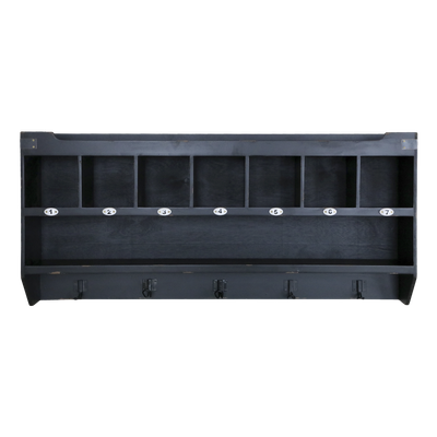 A very useful wall shelf with seven numbered pigeon holes, a shelf and hooks.