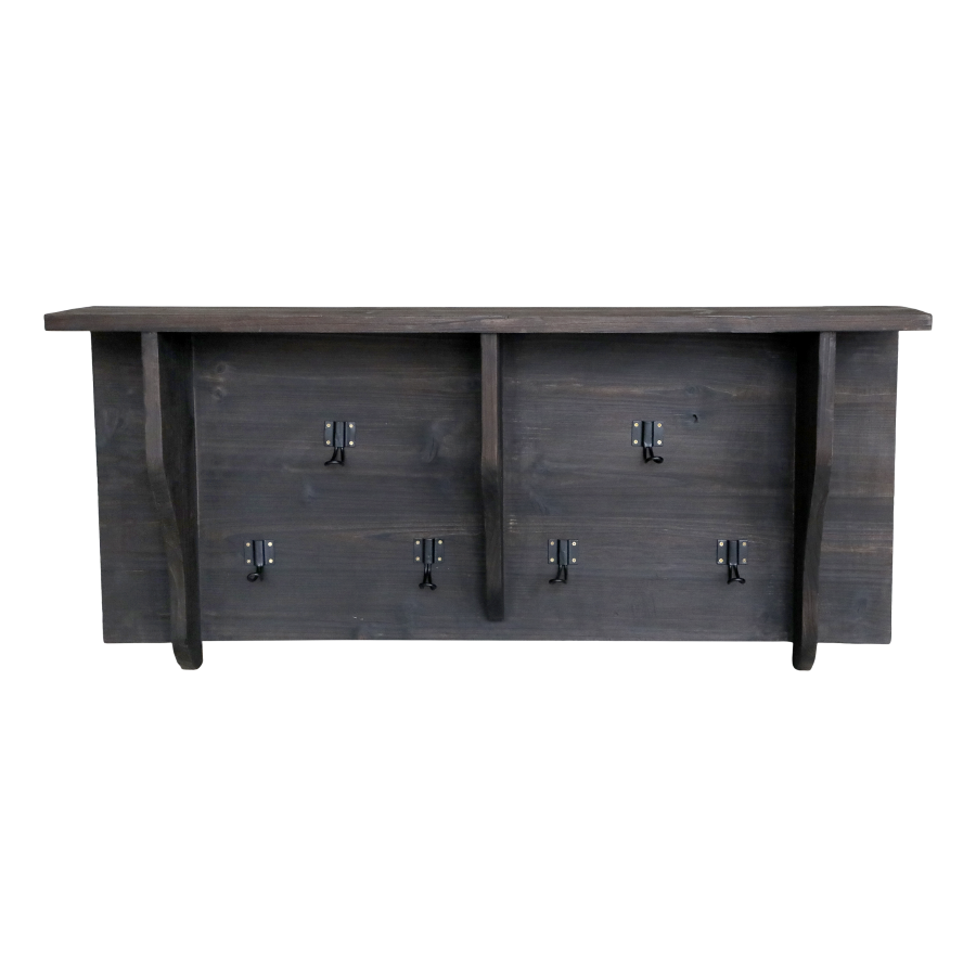 A shelf unit in a dark natural finish which has six hooks and good shelf space above.