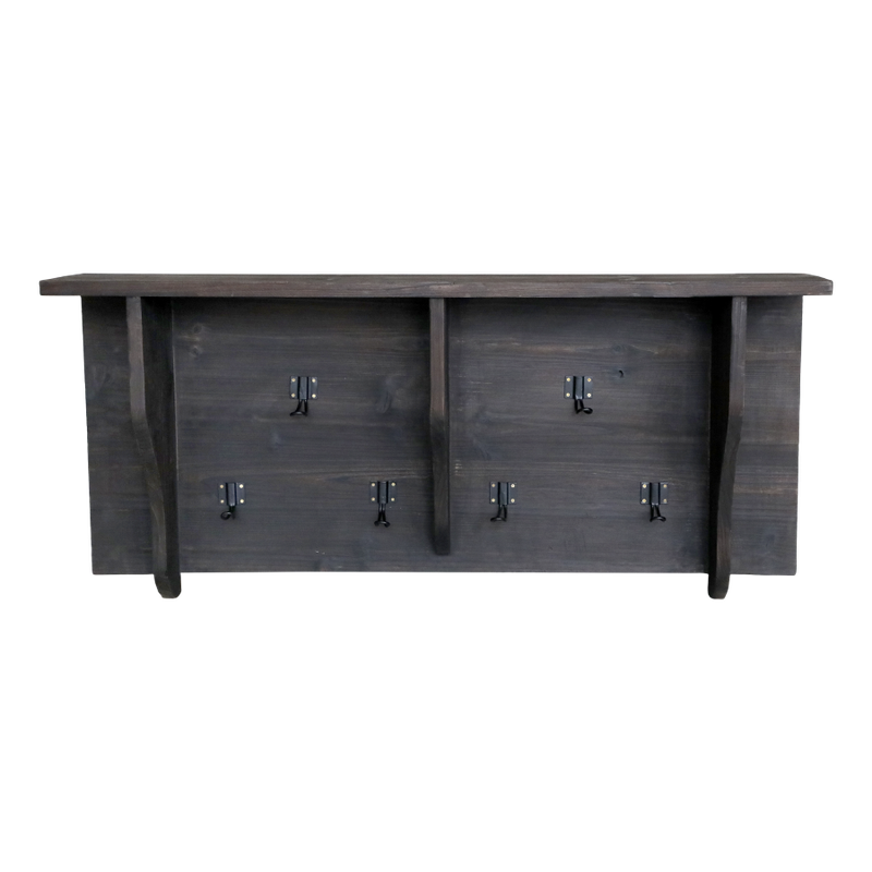A shelf unit in a dark natural finish which has six hooks and good shelf space above.