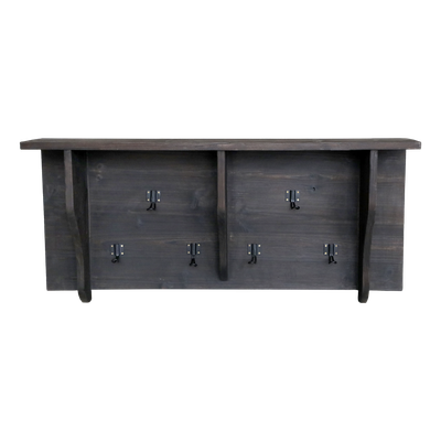 A shelf unit in a dark natural finish which has six hooks and good shelf space above.