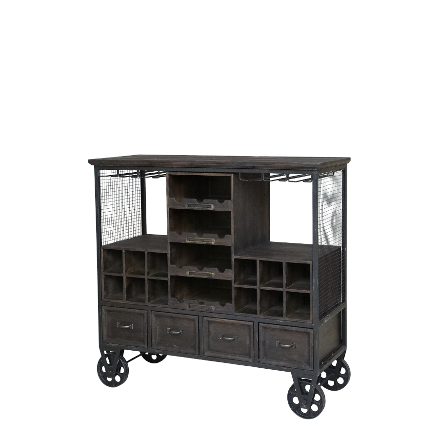 This Trolley Bar comes in a dark wood and has wheels to assist easy movement. 
The trolley is a complete bar and suitable either in the home or in a commercial environment, for example in a function room or in a restaurant.