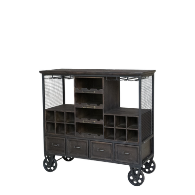 This Trolley Bar comes in a dark wood and has wheels to assist easy movement. 
The trolley is a complete bar and suitable either in the home or in a commercial environment, for example in a function room or in a restaurant.