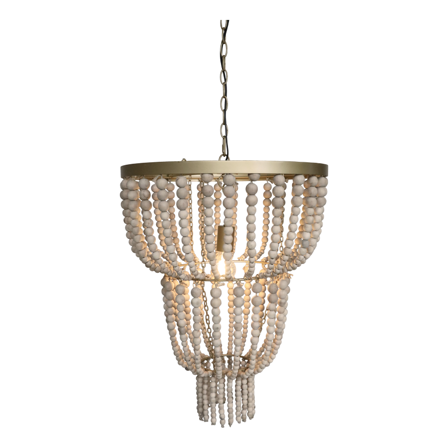 Looking fine in any modern or contemporary placing, this chandelier has wooden beads rather than the usual crystal, giving a warmer ambience.