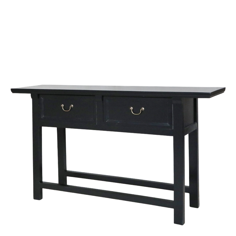 A quality service table in black recycled pine wood. Sleek lines with two useful drawers for cutlery and accessories. The stylish design makes it just right in a domestic or commercial setting.