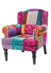 Embroidered Patchwork Colourful Armchair.  Colours (bright pinks, oranges, turquoise & lilac)