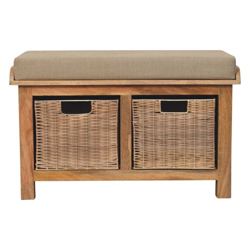 The Cottage Hallway Storage Bench Is made from strong Mango wood with an oak finish. It has a lovely linen seat pad and two rattan storage baskets underneath.