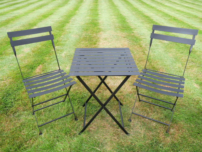 Both the garden table and the two chairs fold flat for easy storage.