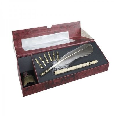 Wooden Case with Feather Pen and Nibs