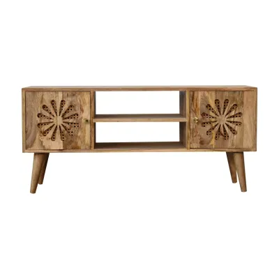 Oak Finish Media Unit featuring Daisy Petal Design 