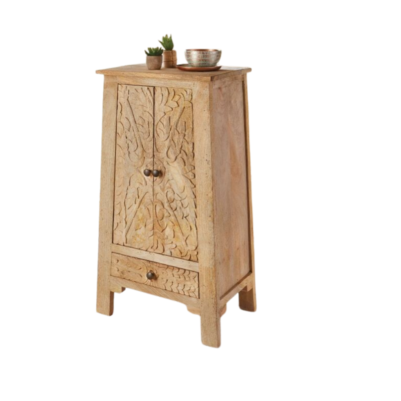 Carved Wooden Tapered Bedside Cabinet Mango Wood Carved Wooden Tapered Bedside Cabinet
Cupboard and lower drawer