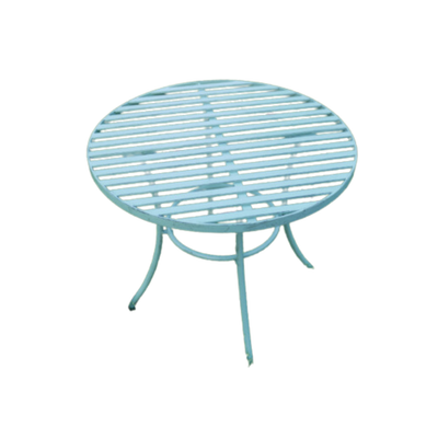 A nifty garden table made of metal and a diameter of two feet.